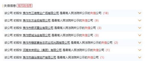 根据天眼查数据,上述7家企业法人股东持有股数累计达总股本的10.42%。其中,部分股东被相关法院要求强制执行。如股东之一的焦作市三维商业广场有限公司持有的2.5%股权在2017年被焦作市解放区人民法院轮番冻结,另一股东焦作市银河置业有限公司持有的2.08%股权也被焦作市山阳法院冻结。